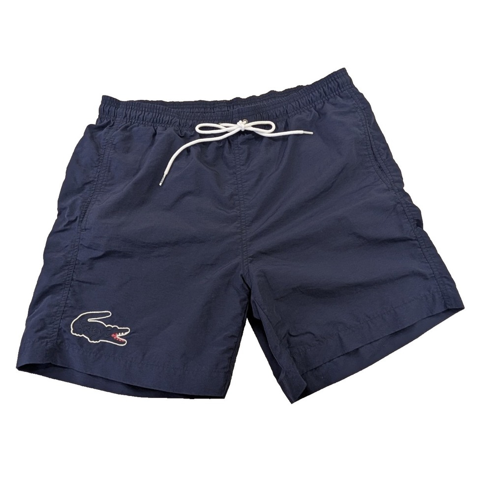 Lacoste Swim Trunks Shorts Mens L Navy Blue Mesh Lined Big Croc Logo Beach Vaca